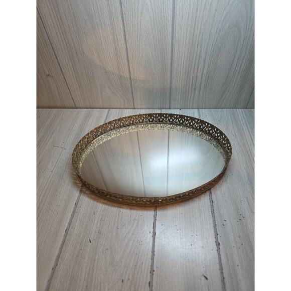 Vintage Gold Filigree Oval Mirrored Vanity Tray 1960's Ornate Victorian - Picture 1 of 6